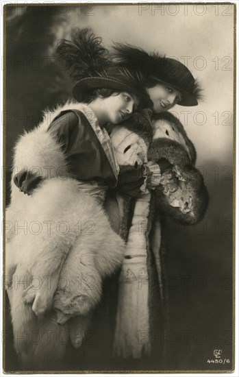 Portrait of Two Women in Fashionable Feather Hats and Fur Stoles, French Postcard, 1914