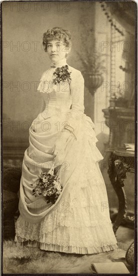 Portrait of Woman in Long Dress with Lace and Flowers, Cabinet Card, circa 1890's