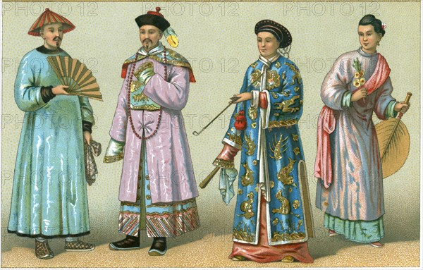 Mandarin Official (2nd left), Mandarin Women, China, Chromolithograph, circa 1820