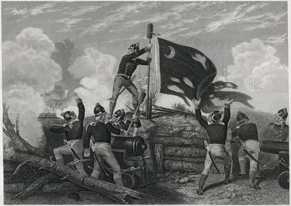 “Defence of Fort Sullivan S.C - Heroism of Sergeant Jasper”, June 28, 1776, from a Painting by J.A. Oertel, Engraved by G.R. Hall, Printed by Henry J. Johnson Publisher, NY, 1879