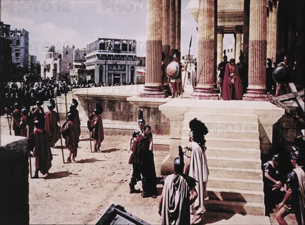 Roy Mangano (left) as Jesus after being Condemned by Pontius Pilot, on-set of the Film "Barabbas", 1961