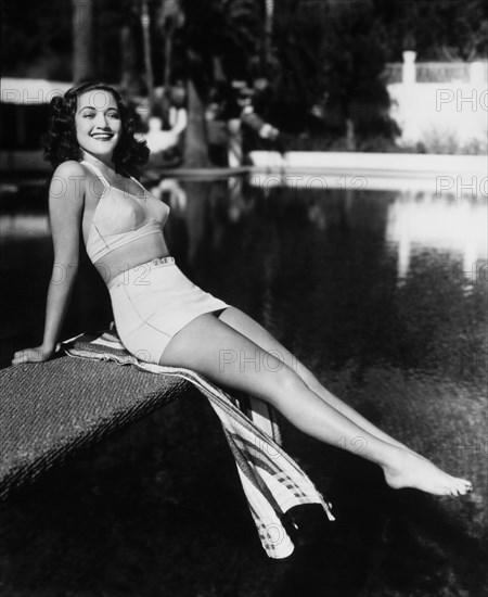 Actress Dorothy Lamour, Publicity Portrait in Two-Piece Bathing Suit, circa 1940