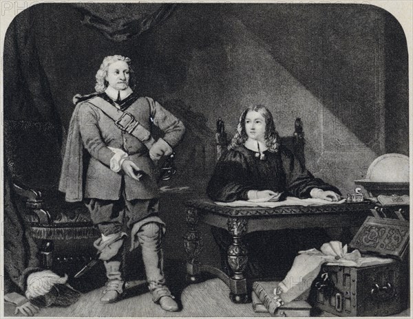 Oliver Cromwell Dictating to John Milton, Letter to the Duke of Savoy to Stop the Persecution of the Protestants of Piedmont, 1655, Photogravure from an Engraving by Sartain after Newenham, from "The Diary of John Evelyn", M. Walter Dunne, Publisher, 1901