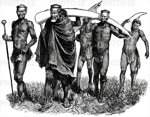 Group of Men Carrying Large Elephant Tusks, Africa, "Classical Portfolio of Primitive Carriers", by Marshall M. Kirman, World Railway Publ. Co., Illustration, 1895