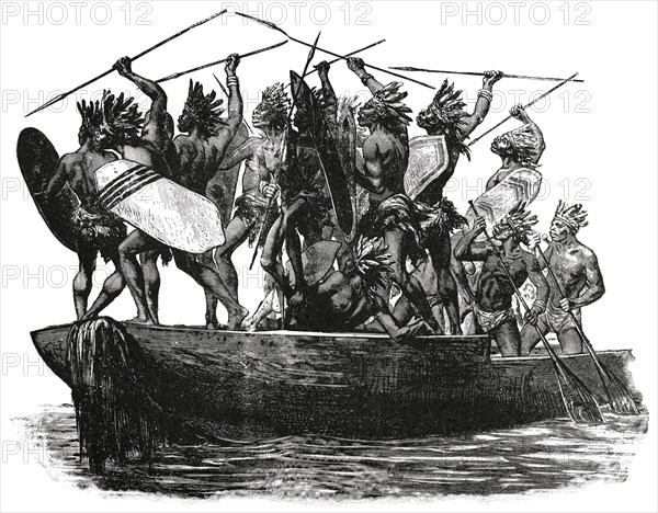 Warriors on War Canoe, Africa, "Classical Portfolio of Primitive Carriers", by Marshall M. Kirman, World Railway Publ. Co., Illustration, 1895