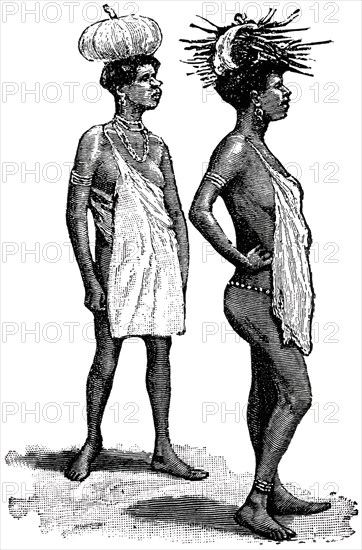 Two Female Swazi Carrying Objects on Heads, Southeastern Africa, "Classical Portfolio of Primitive Carriers", by Marshall M. Kirman, World Railway Publ. Co., Illustration, 1895