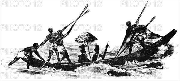 Royal Canoe of the King of Shark’s Point, Congo River, West Africa, "Classical Portfolio of Primitive Carriers", by Marshall M. Kirman, World Railway Publ. Co., Illustration, 1895