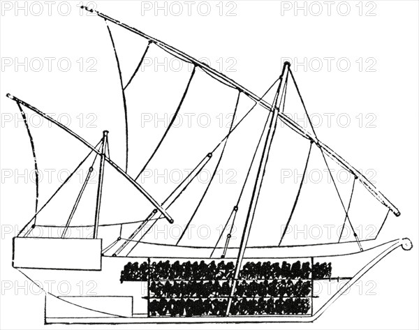Vessel formerly used in the East African slave trade, "Classical Portfolio of Primitive Carriers", by Marshall M. Kirman, World Railway Publ. Co., Illustration, 1895