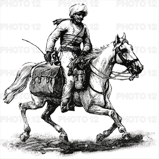 Mail Carrier on Horseback, Afghanistan, "Classical Portfolio of Primitive Carriers", by Marshall M. Kirman, World Railway Publ. Co., Illustration, 1895