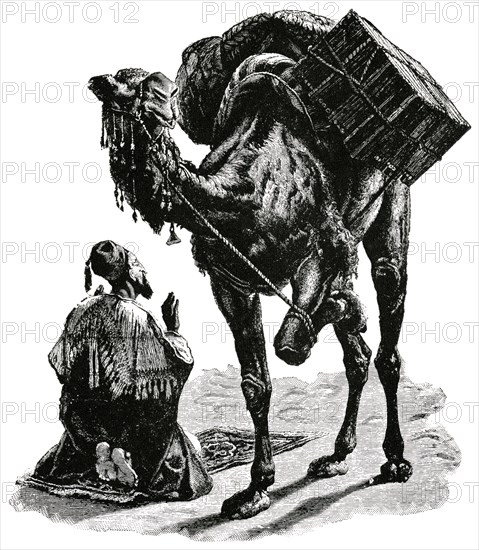 Arab Merchant Facing Mecca During Morning Prayer, Arabia, "Classical Portfolio of Primitive Carriers", by Marshall M. Kirman, World Railway Publ. Co., Illustration, 1895