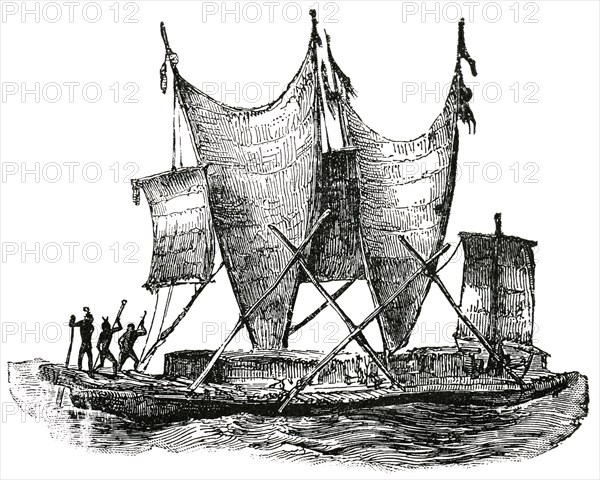 Water Craft Consisting of House Built on Canoe, New Guinea, "Classical Portfolio of Primitive Carriers", by Marshall M. Kirman, World Railway Publ. Co., Illustration, 1895