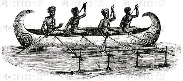 Aborigines Traveling by Canoe made of Hollow Log, New Britain, Papua New Guinea, "Classical Portfolio of Primitive Carriers", by Marshall M. Kirman, World Railway Publ. Co., Illustration, 1895