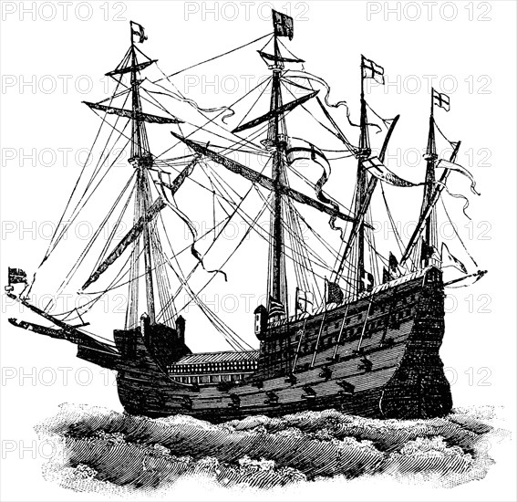 English Warship, 16th Century, "Classical Portfolio of Primitive Carriers", by Marshall M. Kirman, World Railway Publ. Co., Illustration, 1895