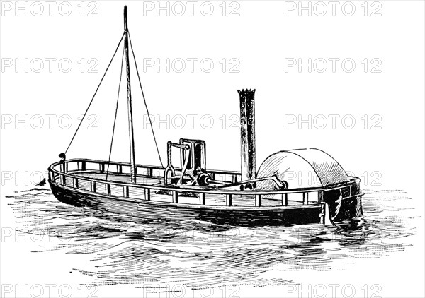 The Charlotte Dundas, First Steamboat launched by William Symington, England, 1801, "Classical Portfolio of Primitive Carriers", by Marshall M. Kirman, World Railway Publ. Co., Illustration, 1895