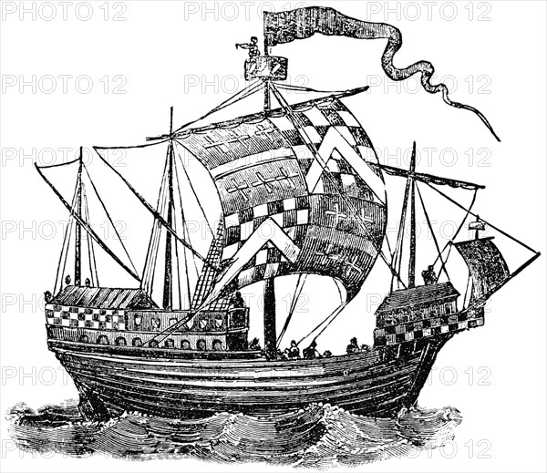 English Ship, British Isles, 1482, "Classical Portfolio of Primitive Carriers", by Marshall M. Kirman, World Railway Publ. Co., Illustration, 1895