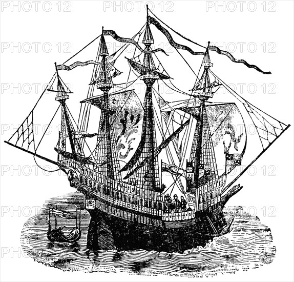 Ship of Henry VIII, England, 1520, "Classical Portfolio of Primitive Carriers", by Marshall M. Kirman, World Railway Publ. Co., Illustration, 1895