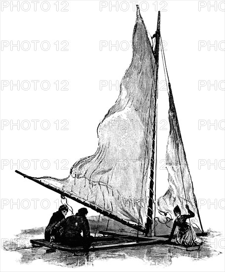 Ice Boat on Loch Cobbinshaw, Scotland, "Classical Portfolio of Primitive Carriers", by Marshall M. Kirman, World Railway Publ. Co., Illustration, 1895