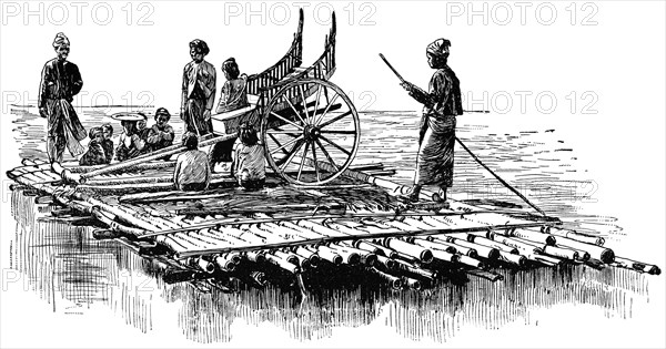 Bamboo Raft, Irrawaddy River, Rangoon, Burma, "Classical Portfolio of Primitive Carriers", by Marshall M. Kirman, World Railway Publ. Co., Illustration, 1895