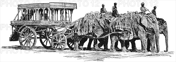 Royal Coach and Four Elephants, Burma, "Classical Portfolio of Primitive Carriers", by Marshall M. Kirman, World Railway Publ. Co., Illustration, 1895