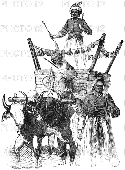 Cart with Bells Attached, for Performances, Burma, "Classical Portfolio of Primitive Carriers", by Marshall M. Kirman, World Railway Publ. Co., Illustration, 1895