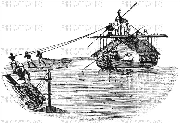 Men Towing Riverboat, Burma, "Classical Portfolio of Primitive Carriers", by Marshall M. Kirman, World Railway Publ. Co., Illustration, 1895