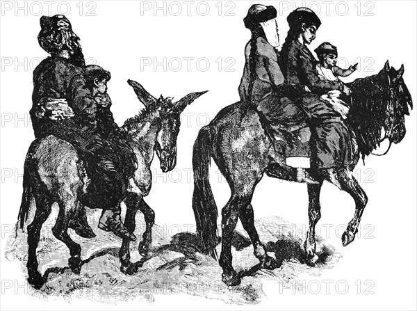 Family Traveling on Horse and Donkey, Chinese Turkestan, Central Asia, "Classical Portfolio of Primitive Carriers", by Marshall M. Kirman, World Railway Publ. Co., Illustration, 1895