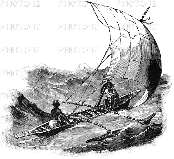 Singhalese boat, Ceylon, "Classical Portfolio of Primitive Carriers", by Marshall M. Kirman, World Railway Publ. Co., Illustration, 1895