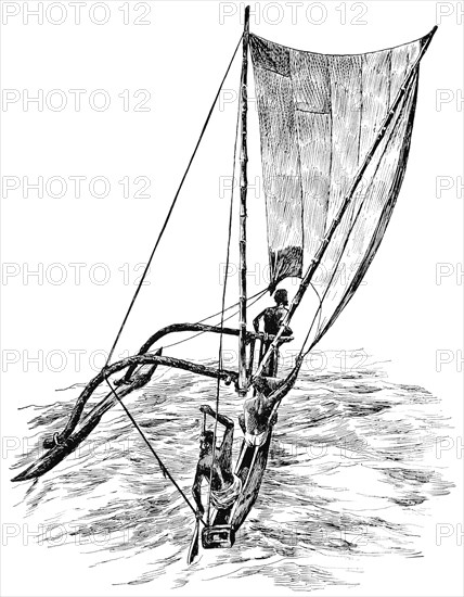 Surf Boat of Singhalese Fishermen, Ceylon, "Classical Portfolio of Primitive Carriers", by Marshall M. Kirman, World Railway Publ. Co., Illustration, 1895