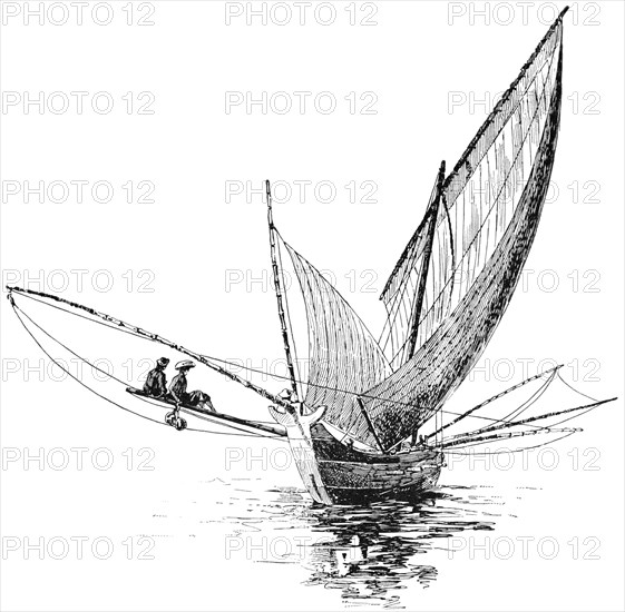 Ship with Large Sails Requiring a Counterpoise, China, "Classical Portfolio of Primitive Carriers", by Marshall M. Kirman, World Railway Publ. Co., Illustration, 1895