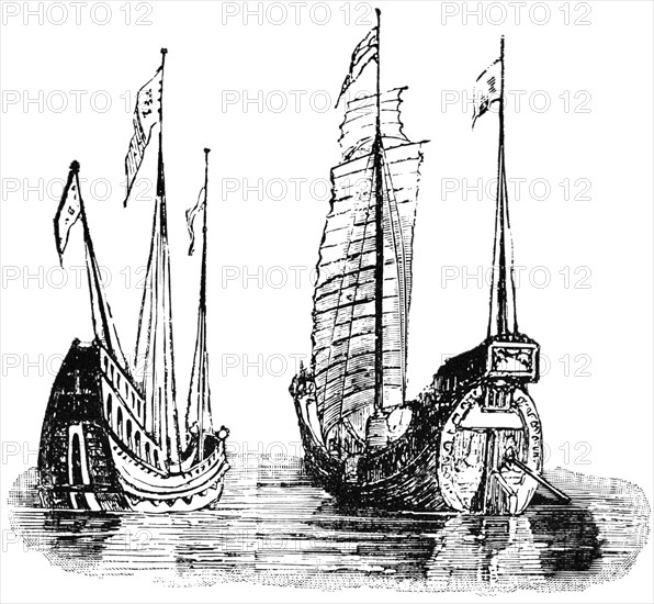 Two Ships, Quaint and Old-Fashioned, Employed in Coast Trading and Pleasure Purposes, China, "Classical Portfolio of Primitive Carriers", by Marshall M. Kirman, World Railway Publ. Co., Illustration, 1895