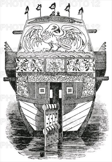 Stern and Rudder of Chinese Junk, "Classical Portfolio of Primitive Carriers", by Marshall M. Kirman, World Railway Publ. Co., Illustration, 1895