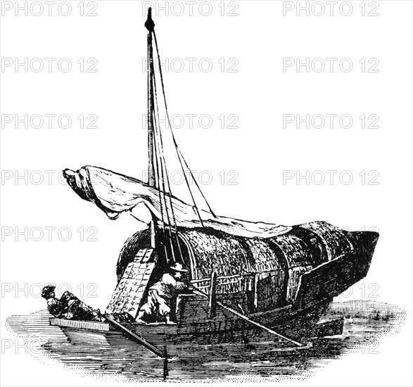 Native Vessel on Canton River, China, "Classical Portfolio of Primitive Carriers", by Marshall M. Kirman, World Railway Publ. Co., Illustration, 1895