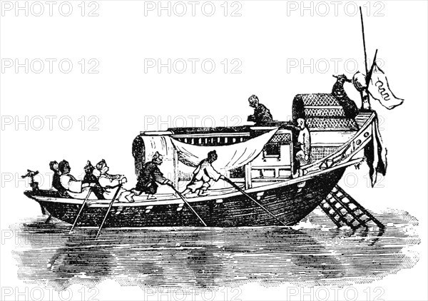 Passenger Craft on Canton River, China, "Classical Portfolio of Primitive Carriers", by Marshall M. Kirman, World Railway Publ. Co., Illustration, 1895