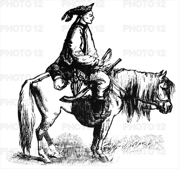 Cavalryman, China, "Classical Portfolio of Primitive Carriers", by Marshall M. Kirman, World Railway Publ. Co., Illustration, 1895