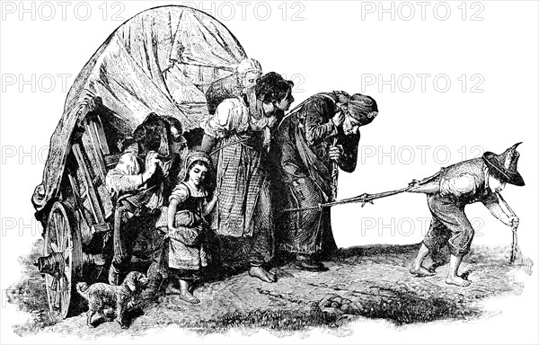 Peasants, Expelled by War, Seeking New Home, Europe, "Classical Portfolio of Primitive Carriers", by Marshall M. Kirman, World Railway Publ. Co., Illustration, 1895