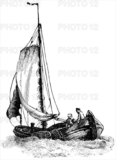 Sailboat on Maas River, Holland, "Classical Portfolio of Primitive Carriers", by Marshall M. Kirman, World Railway Publ. Co., Illustration, 1895