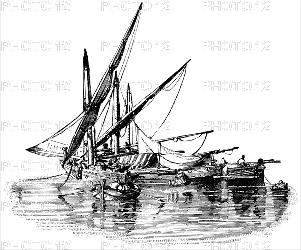 Sailing Vessel and Smaller Row Boat,  off the Island of Corfu, Greece, "Classical Portfolio of Primitive Carriers", by Marshall M. Kirman, World Railway Publ. Co., Illustration, 1895