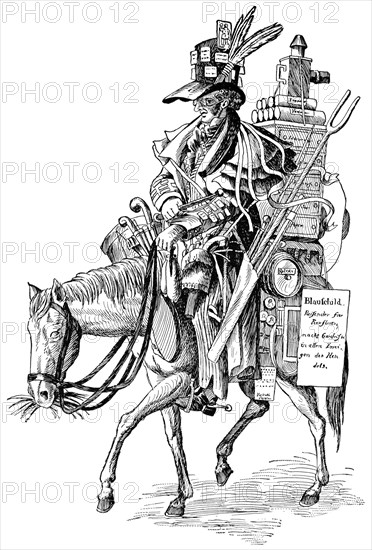 Commercial Traveler of Bavaria, 18th Century, "Classical Portfolio of Primitive Carriers", by Marshall M. Kirman, World Railway Publ. Co., Illustration, 1895