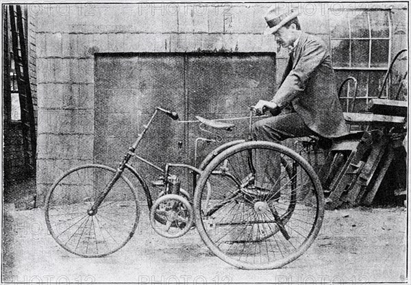 Inventor Hiram Percy Maxim seated on his Motor Tricycle, Hyde Park Massachusetts, USA, circa 1895