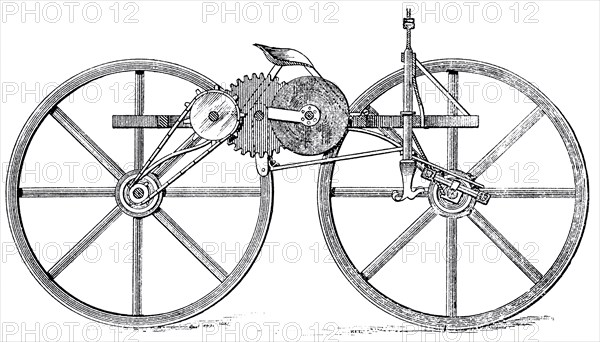 Spring Motor on Bicycle, Invented by D.I. Lybe, Sidney, Iowa, USA, Illustration, circa  1895