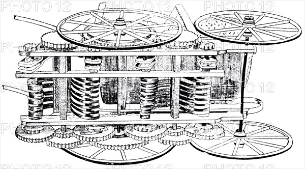 Spring Motor attached to Baby Carriage, designed by A.B. Andrews, USA, Illustration, circa 1895