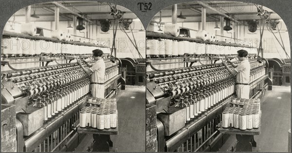 Spinning Silk, Showing Roving Frame, So. Manchester Conn., Stereo Card, circa 1914