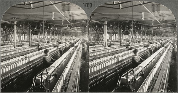 Spinning Cotton Yarn in the Great Textile Mills, Lawrence, Mass., Stereo Card, circa 1916