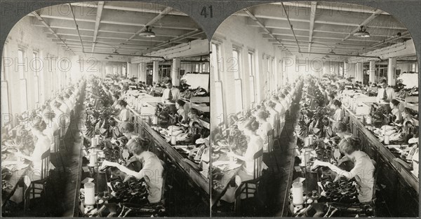 General View Sewing Room, Large Shoe Factory, Syracuse N.Y., Stereo Card, circa 1916