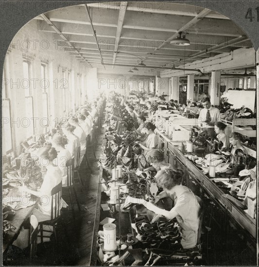 General View Sewing Room, Large Shoe Factory, Syracuse N.Y., Single Image of Stereo Card, circa 1916