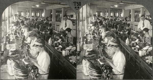 General View of Stitching and Fitting Department in a Large Shoe Factory Syracuse N.Y., Stereo Card, circa 1916
