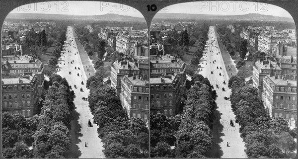 Avenue Bois de Boulogne, View from Arch de Triumph looking West to Mont Valerien, Paris, France, Underwood & Underwood, Stereo Card,  circa 1900