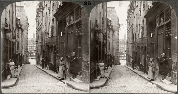 Narrow Street in Old Latin Quarter, Notre Dame in distance, Paris, France, Underwood & Underwood, Stereo Card, circa 1900