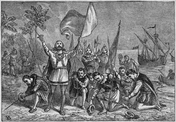 “Landing of Columbus”, Book Illustration from “Indian Horrors or Massacres of the Red Men”, by Henry Davenport Northrop, 1891