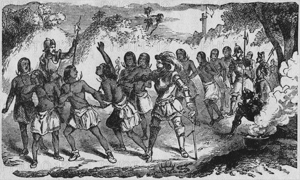 “Spaniards Enslaving the Indians”, Book Illustration from “Indian Horrors or Massacres of the Red Men”, by Henry Davenport Northrop, 1891